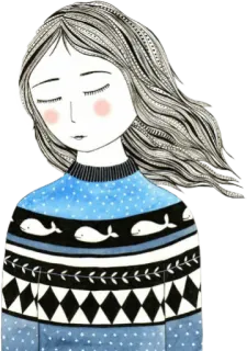 🌊 7e674d2d 女孩, 鲸鱼, 毛衣, 插图, 绘画, 艺术, 肖像 whatsapp sticker