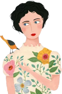 👩‍🦱 e56870ac 女人, 鸟, 花, 肖像, 花卉, 插图 whatsapp sticker