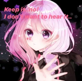 😐 06768b14 Keep it no!
I don't want to hear it.. Anime-Mädchen, pinke Haare, süß, Herzen, Choker telegram sticker