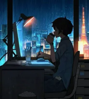 ☕️ 23bf10c5 Anime, Junge, Kaffee, Regen, Nacht, Computer, Stadt, Tokio telegram sticker