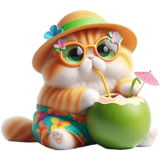 🍹 c5125450 chat, noix de coco, été, mignon, dessin animé, animal, tropical, plage telegram sticker