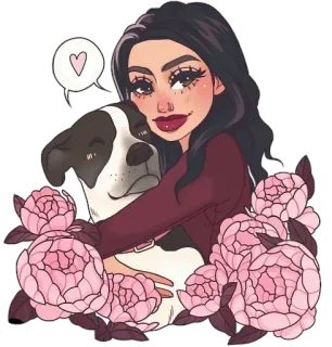🐶 200d653a mulher, cachorro, flores, amor, coração, retrato, desenho animado, amizade whatsapp sticker