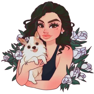 🐶 4f585e7b mulher, cão, chihuahua, flores, retrato, ilustração, animal de estimação, animal whatsapp sticker