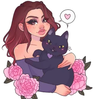 🐱 6951eec6 gato, mulher, flores, desenho animado, fofo, amor, adesivo whatsapp sticker