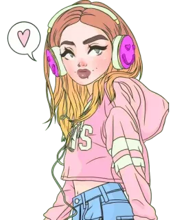 🎧 81242f23 menina, fones de ouvido, rosa, coração, desenho animado, ilustração, fofo whatsapp sticker