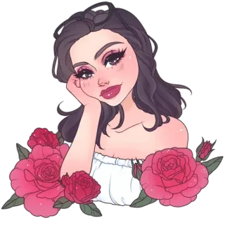 😊 92b1d9ef mulher, menina, rosas, flores, fofo, desenho animado, ilustração whatsapp sticker