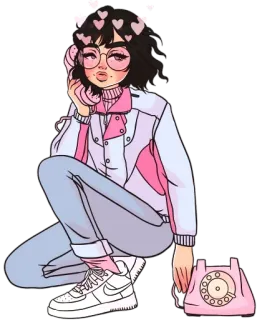 ☎️ b05efcc5 menina, telefone, rosa, retro, vintage, corações, desenho animado whatsapp sticker