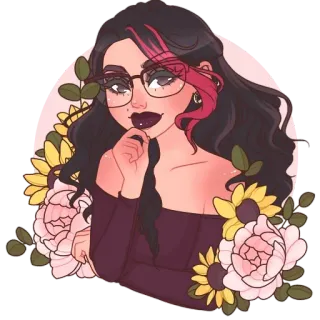 🤔 b5b74cfb mulher, flores, retrato, arte digital, adesivo, óculos, girassol, peônia whatsapp sticker