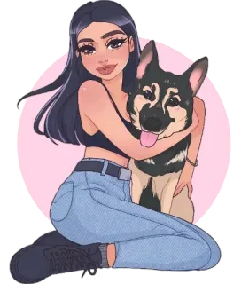 🐕 d0f8d7ff desenho animado, mulher, cachorro, pastor alemão, animal de estimação, ilustração, amizade, amor whatsapp sticker