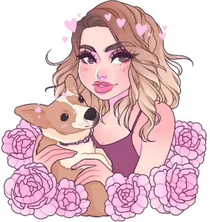 🐶 f19ac0a4 mulher, cachorro, corgi, flores, corações, rosa, desenho animado, ilustração whatsapp sticker