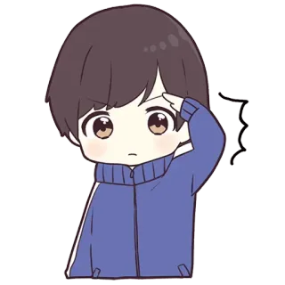 👍 b885ef10 chico, lindo, saludo, dibujos animados, anime, pegatina, pelo castaño, suéter azul telegram sticker