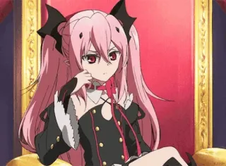😒 13188e25 Krul Tepes Seraph of the End Anime, Vampiro, Ragazza, Capelli rosa, Trono whatsapp sticker