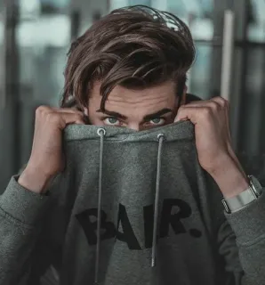 👀 07d09c03 BAIR hoodie, portrait, man, eyes, hair, gray telegram sticker