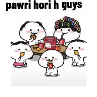 🥳 7e788c87 pawri hori h guys fête, amis, nourriture, fun, célébration, dessin animé, mème telegram sticker