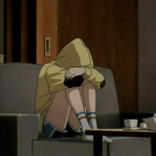 🎭 165741ab anime, menina, triste, moletom com capuz, sofá, interior whatsapp sticker