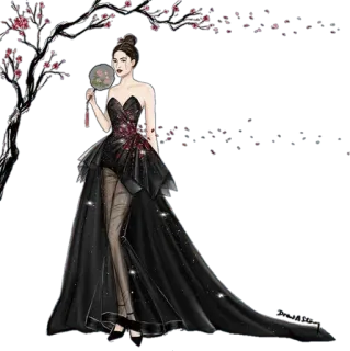 💐 c4d50a09 moda, vestido, asiática, mulher, preto, vestido de noite, ilustração telegram sticker