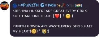 🥹 36a8e62c #PUNITH GOWdA+TM[] KRISHNA HUKKERI ARE GREAT EVERY GIRLS KODTHARE ONE HEART []! :) PUNITH GOWDA ARE WASTE EVERY GIRLS HATE MY HEART(+)。 :( telegram sticker