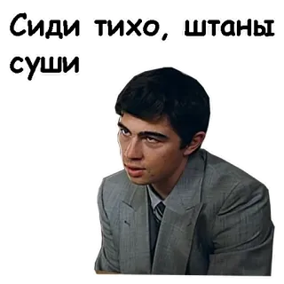 😣 e7b416b9 СИДИ ТИХО, ШТАНЫ СУШИ mann, anzug, russisch, phrase, witzig, meme telegram sticker