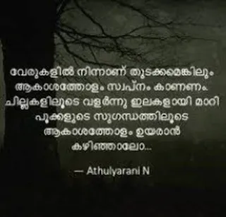 💌 e2808f11 വേരുകളിൽ നിന്നാണ് തുടക്കമെങ്കിലും ആകാശത്തോളം സ്വപ്‌നം കാണണം. ചില്ലകളിലൂടെ വളർന്നു ഇലകളായി മാറി പൂക്കളുടെ സുഗന്ധത്തിലൂടെ ആകാശത്തോളം ഉയരാൻ കഴിഞ്ഞാലോ... - Athulyarani N poesía, naturaleza, sueño, inspiración, Malayalam telegram sticker