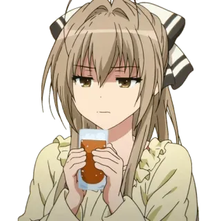 😶 b2ea990d anime girl, cartoon character, drink, bored, neutral expression, pajamas whatsapp sticker