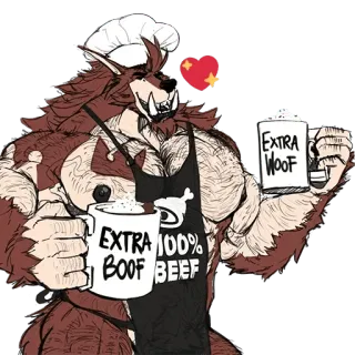 ☕️ 16d64102 EXTRA BOOF EXTRA WOOF 100% BEEF antropomórfico, cachorro, chef, lobisomem, humor, bebida, avental whatsapp sticker