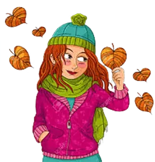 🍁 75f62bbc musim gugur, musim gugur, daun, gadis, syal, topi whatsapp sticker