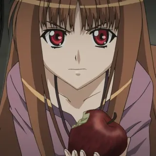 🍎 adbb2d94 Holo Spice and Wolf anime, wolf girl, apple, red eyes, long hair, fantasy telegram sticker