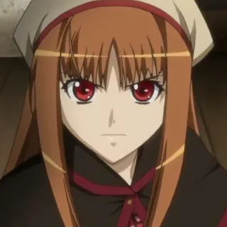 😠 f380077e Holo Spice and Wolf anime, female, red eyes, Holo, Spice and Wolf, expression, serious telegram sticker