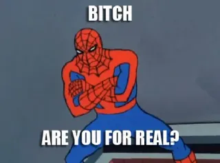 🤨 6d40b0a6 Spider-Man BITCH
ARE YOU FOR REAL? マーベル, コミック, 漫画, スパイダーマン, ミーム whatsapp sticker
