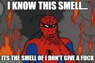 🤷‍♂ e84f0429 Spider-Man I KNOW THIS SMELL...
ITS THE SMELL OF I DON'T GIVE A FUCK スパイダーマン, ミーム, 態度, 匂い, スーパーヒーロー, 漫画 whatsapp sticker
