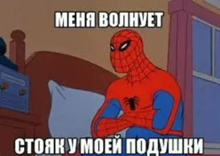 😳 0bc14da4 Spider-Man МЕНЯ ВОЛНУЕТ СТОЯК У МОЕЙ ПОДУШКИ Homem-Aranha, Meme, engraçado, desenho animado, quarto, preocupação telegram sticker
