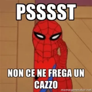 😑 3eacf687 Spider-Man PSSST
NON CE NE FREGA UN CAZZO meme, Spider-Man, grappig, italiaans, strip, superheld telegram sticker