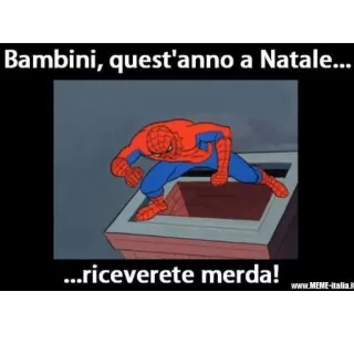 💩 6d9d9847 Spider-Man Bambini, quest'anno a Natale...
...riceverete merda! Spider-Man, Kerst, Meme, Italiaans, Strip, Superheld telegram sticker