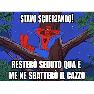 😌 a0bf77ef Spider-Man STAVO SCHERZANDO! 
RESTERÒ SEDUTO QUA e ME NE SBATTERÒ IL CAZZO spider-man, meme, italiaans, aanstootgevend, sarcastisch telegram sticker