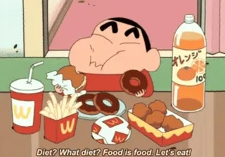 🍩 062d9052 Shin-chan Crayon Shin-chan Diet? What diet? Food is food. Let's eat! anime, makanan, kartun, makan, humor, jus jeruk, donat whatsapp sticker