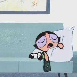 💤 500af40c Buttercup The Powerpuff Girls Kartun, Mengantuk, Sofa, Remote, Karakter, Fiksi telegram sticker