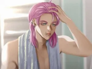 🥱 e038e57f cabelo rosa, anime, personagem, toalha, masculino, interior, manhã telegram sticker