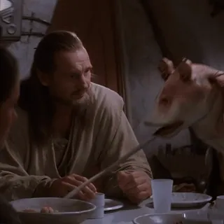 💫 853fdefd Qui-Gon Jinn Star Wars: Episode I – The Phantom Menace star wars, qui-gon jinn, jar jar binks, película, comida telegram sticker