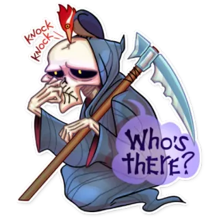 🤕 39cad5f6 Knock knock Who's there? 死亡, 死神, 敲门笑话, 卡通, 骷髅, 鸟, 幽默, 镰刀 telegram sticker
