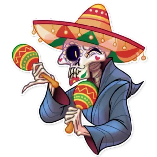 😉 672a14e4 骷髅, 墨西哥帽, 沙锤, 亡灵节, 庆祝, 墨西哥 telegram sticker
