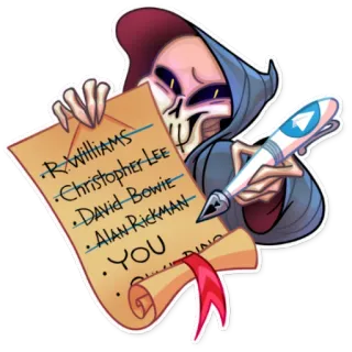 🖊 922f0487 R. WILLIAMS
Christopher Lee
David Bowie
Alan Rickman
YOU 死亡, 死神, 列表, 名人, 明星 telegram sticker