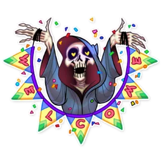 🎉 9344689e Welcome 骷髅, 欢迎, 彩带, 派对, 死神 telegram sticker