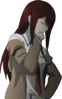 🤔 daeec7ca Kurisu Makise Steins;Gate аниме, рыжие волосы, лабораторный халат, думает, ученый, серьезный telegram sticker