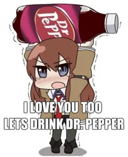 ❤️ f80cdc5e I LOVE YOU TOO
LETS DRINK DR.PEPPER аниме, dr pepper, напиток, содовая, милый, персонаж, любовь telegram sticker