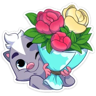 💐 c85e08f2 mouffette, fleurs, bouquet, mignon, dessin animé, animal, cadeau, roses whatsapp sticker