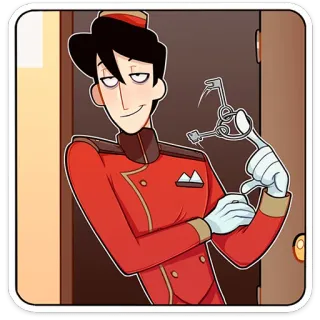 ⭐ 6c2dcba3 hotel bellhop, cartoon, character, red uniform, keys telegram sticker