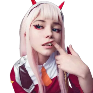🧛‍♀ 537faeab Zero Two Darling in the Franxx Zero Two, Darling in the Franxx, Anime, Cosplay, Tanduk merah, Rambut merah muda telegram sticker
