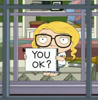 🧸 8873b674 YOU OK? dibujo animado, pregunta, ventana, rubia, gafas telegram sticker