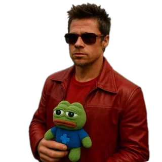 💇 9d8ebbce Pepe the Frog brad pitt, lunettes de soleil, veste en cuir rouge, pepe, grenouille, mème whatsapp sticker