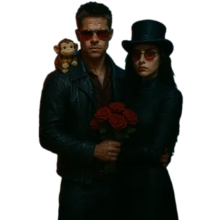 🎩 acd96071 couple, roses, chapeau, lunettes de soleil, singe, romance, amour whatsapp sticker